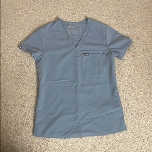 Figs Blue Fitted V-Neck Short Sleeve Top